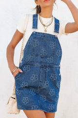 Flower Print Square Neck Denim Overall Dress 
