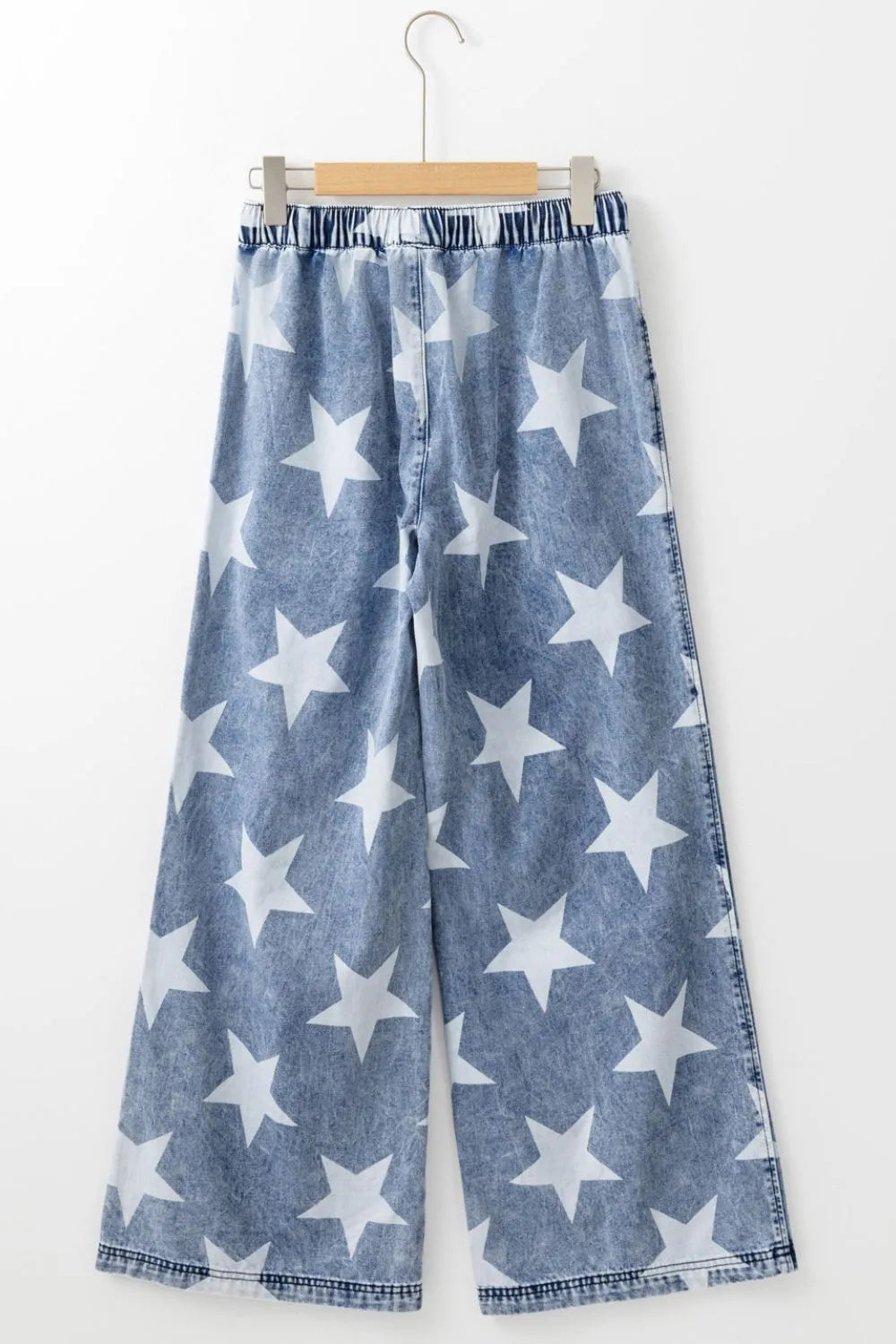 Star Print Washed Drawstring High Waist Wide Leg Jeans 