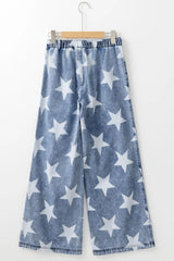 Star Print Washed Drawstring High Waist Wide Leg Jeans 