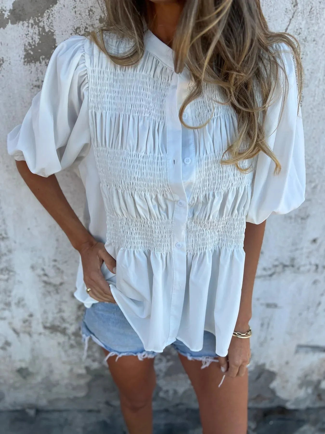 Full Size Smocked Button Front Puff Sleeve Shirt Plus Size 
