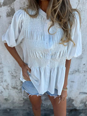 Full Size Smocked Button Front Puff Sleeve Shirt Plus Size 