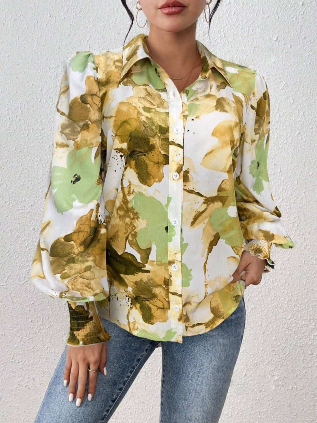 Printed Button Up Lantern Sleeve Shirt 