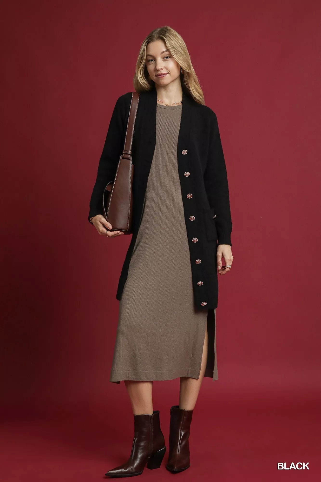 Umgee Button-Down Longline Sweater Cardigan with Front Pockets 