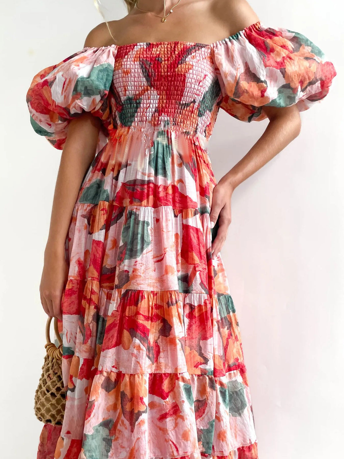 Floral Smocked Puff Sleeve Tiered Dress 