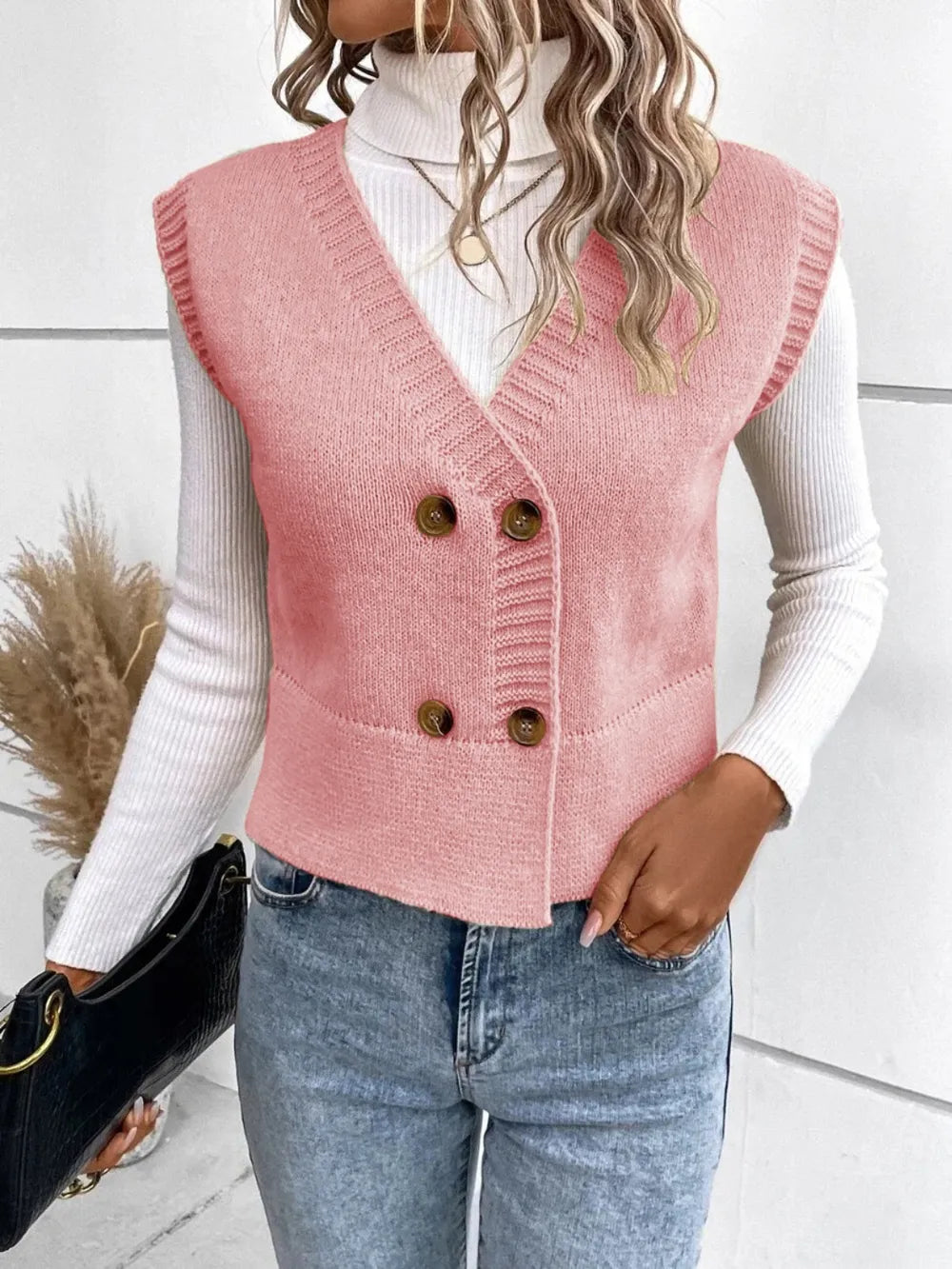 Full Size Button Up V-Neck Sweater Vest 