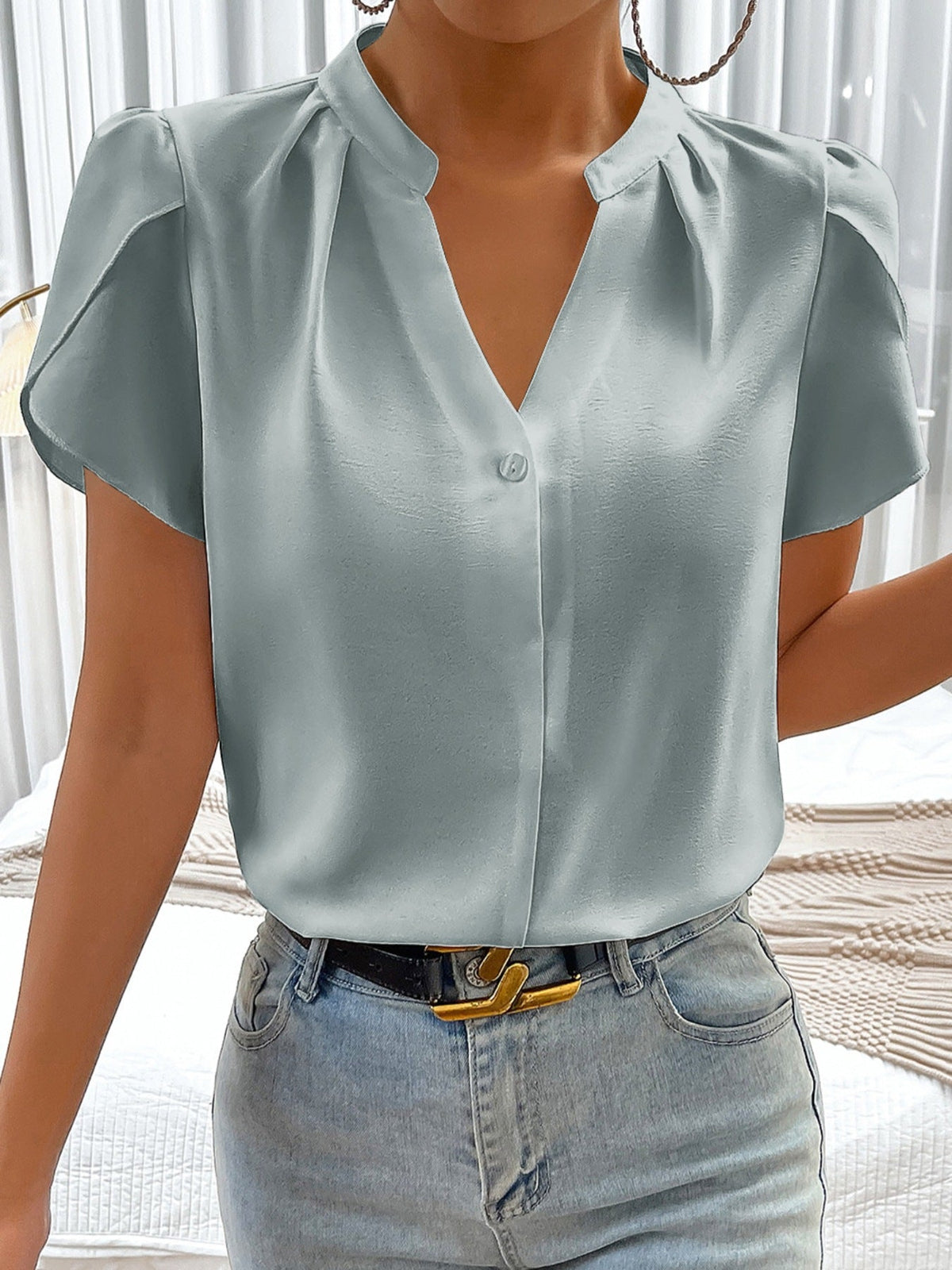 Notched Neckline Petal Sleeve Blouse 