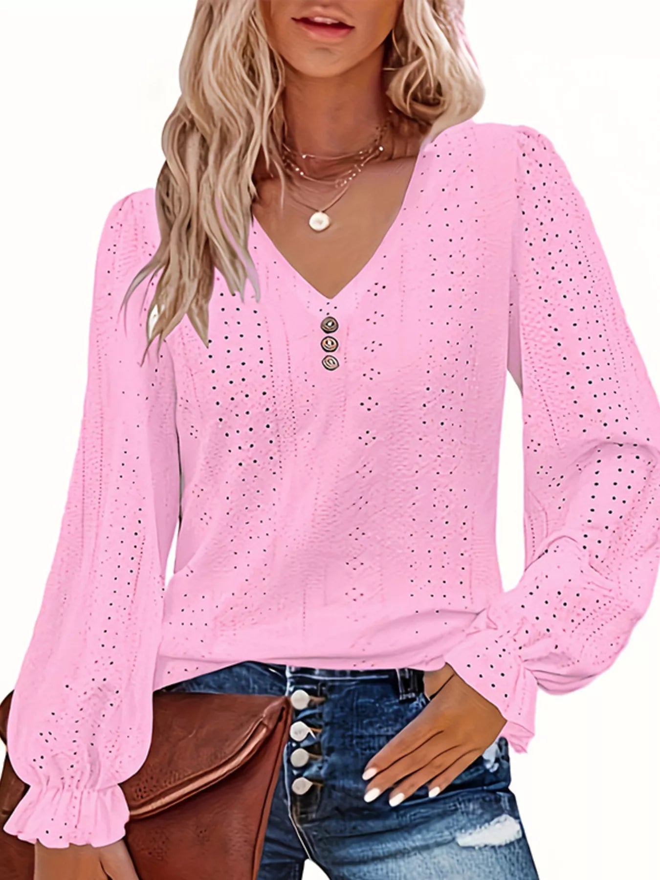 Plus Size Eyelet V-Neck Flounce Sleeve Blouse 