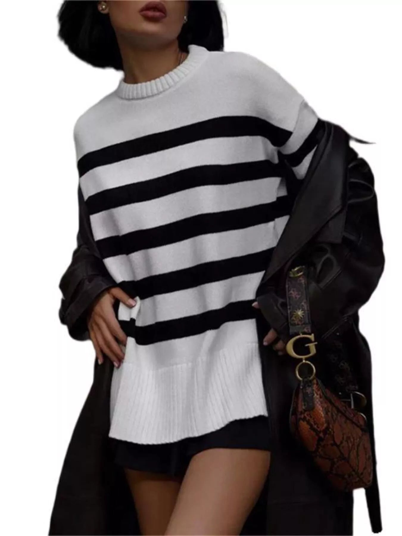 Side Slit Striped Oversized Knit Sweater 