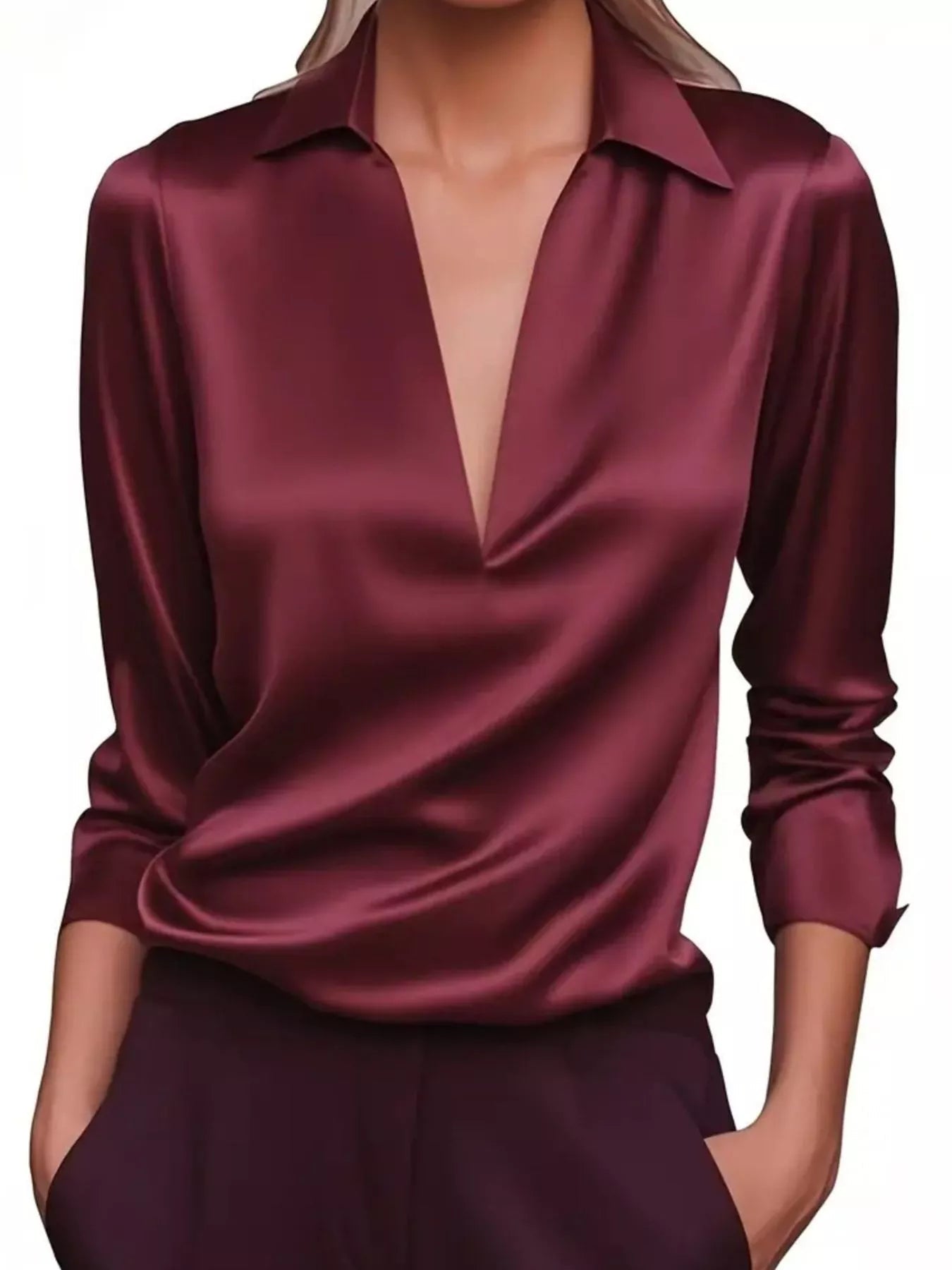 Satin Johnny Collar Long Sleeve Blouse 