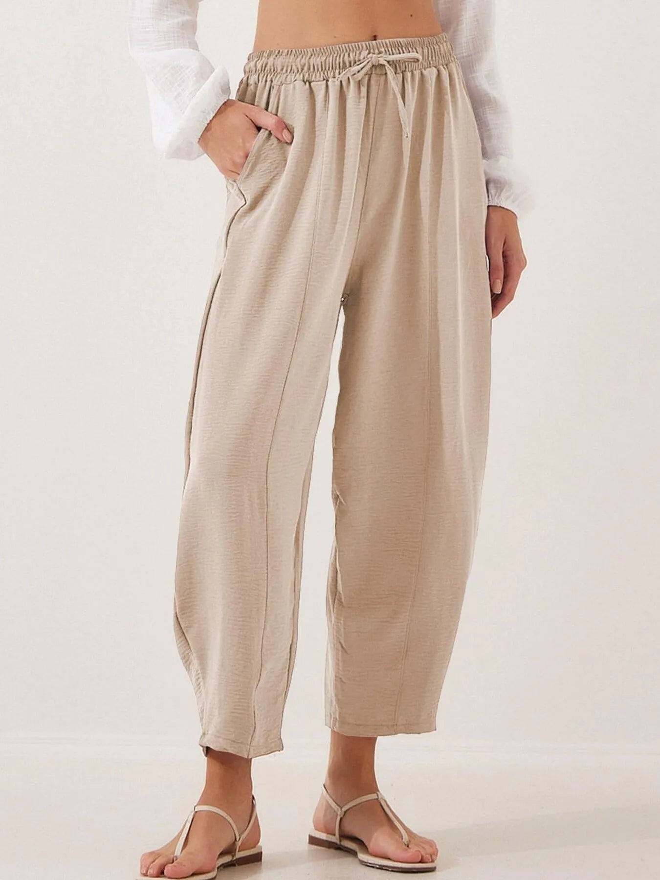 Full Size Drawstring Wide Leg Cropped Pants Plus Size 