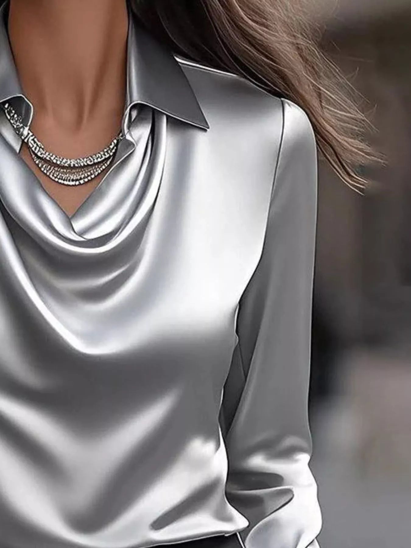 Ruched Long Sleeve Drape Collar Blouse 