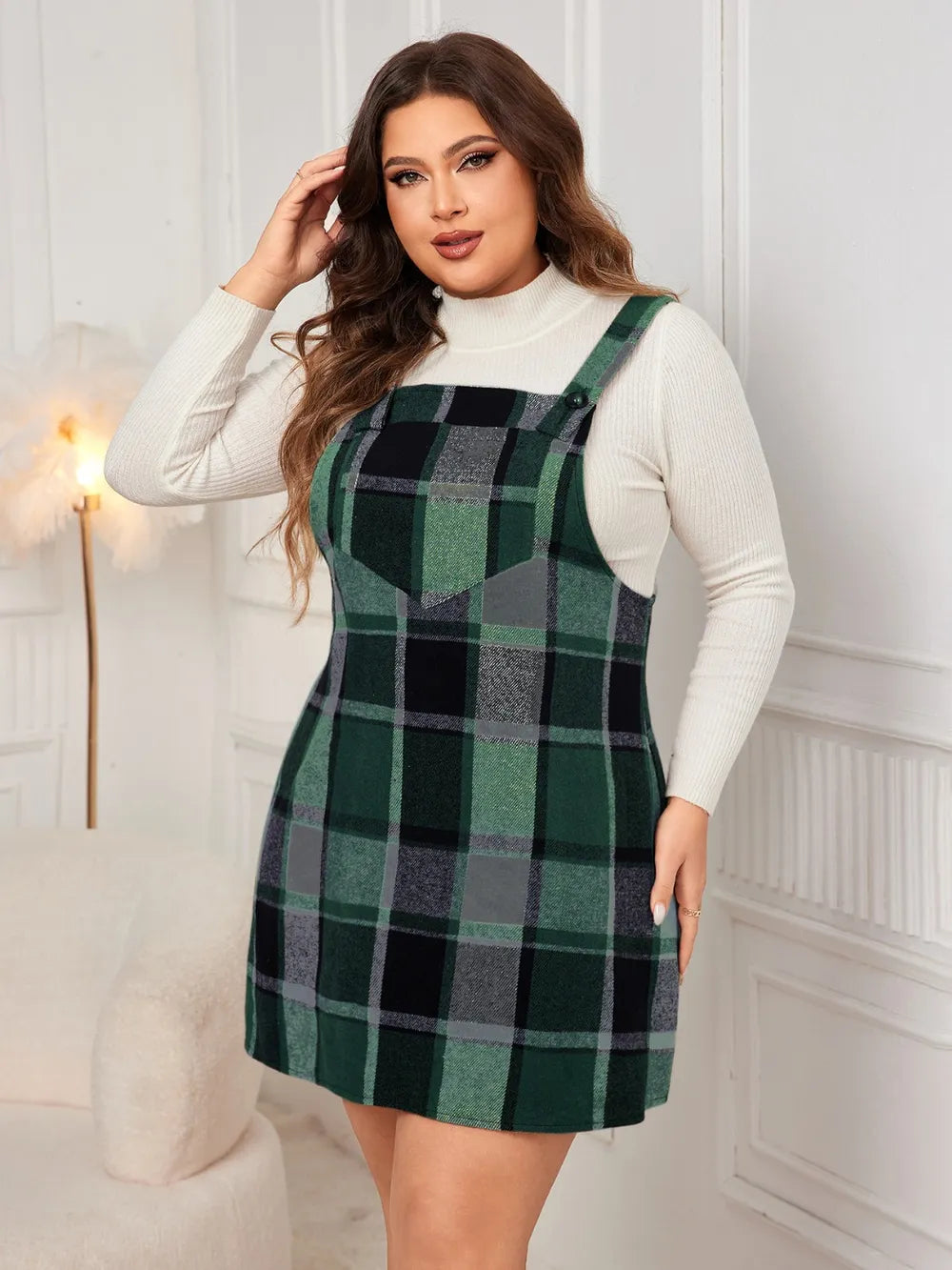 Honey Plus Size Plaid Wide Strap Overall Dress 