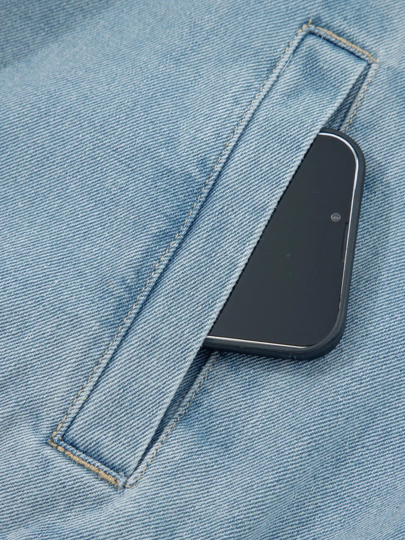 Elastic Edge Collared Zip Up Denim Jacket With Pocket 