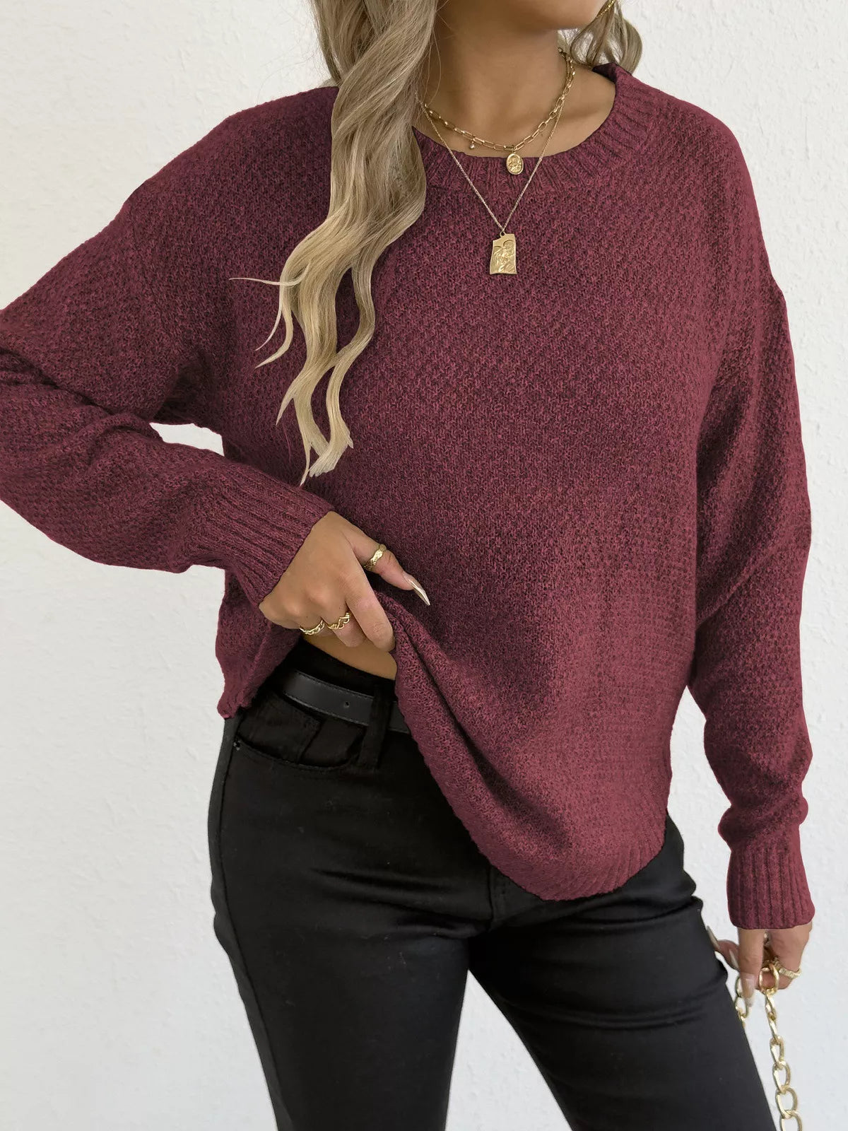 Textured Knit Relaxed Fit Round Neck Sweater 