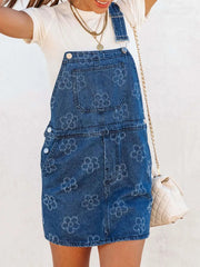 Flower Wide Strap Denim Overall Dress with Pockets 
