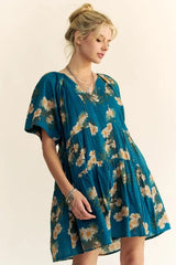 Davi & Dani Floral Print Short Bell Sleeve Pleated Mini Dress 
