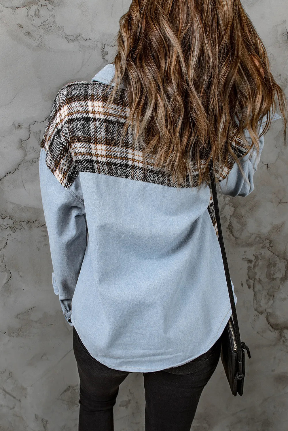 Plaid Pocketed Button Up Denim Jacket 