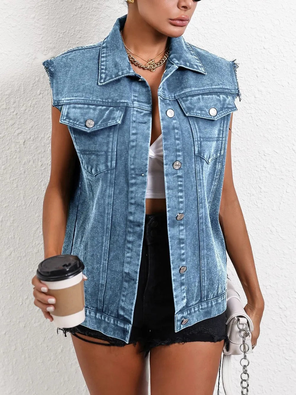 Pocketed Collared Neck Sleeveless Denim Top 