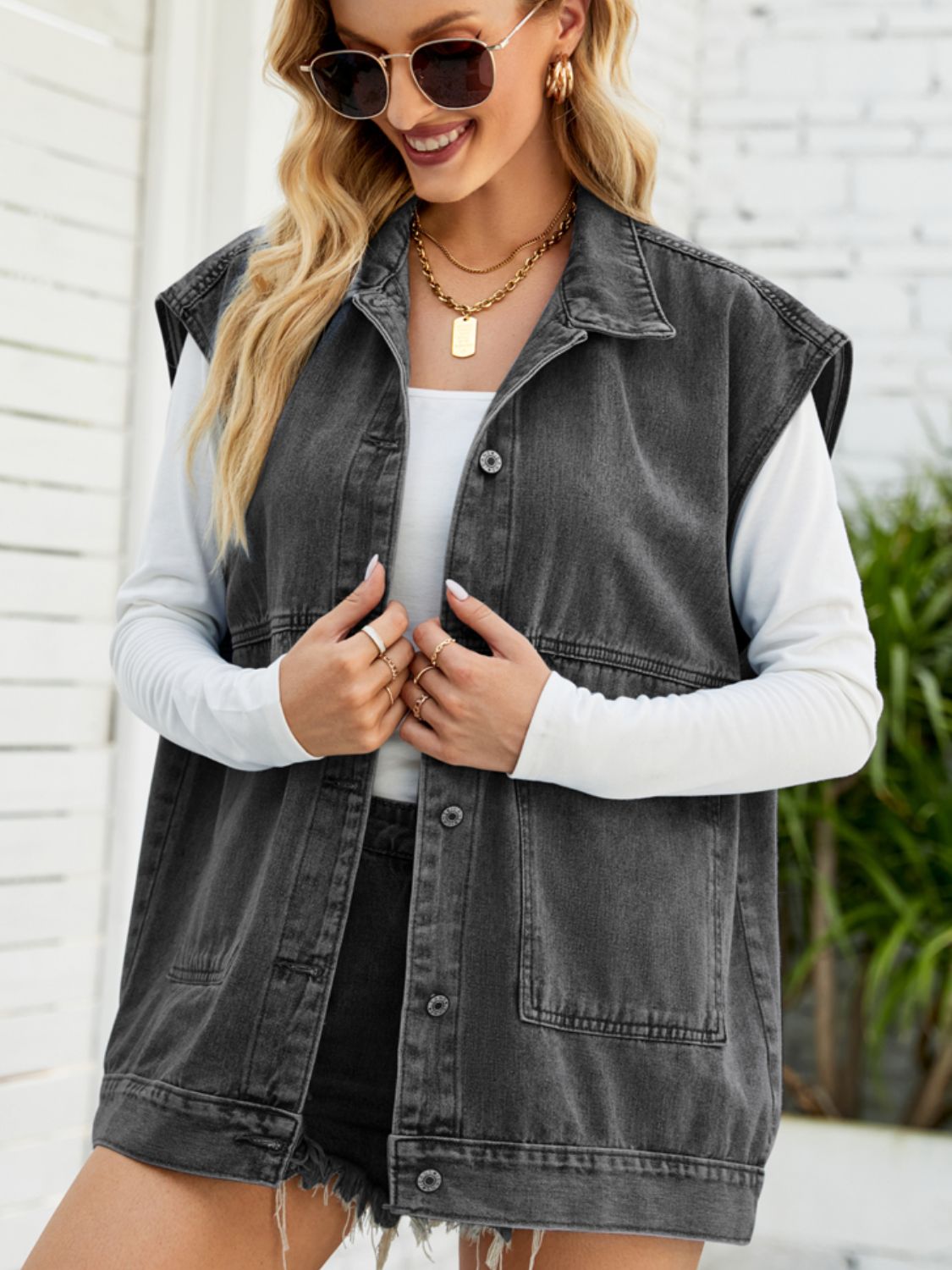 Collared Neck Sleeveless Denim Top with Pockets 