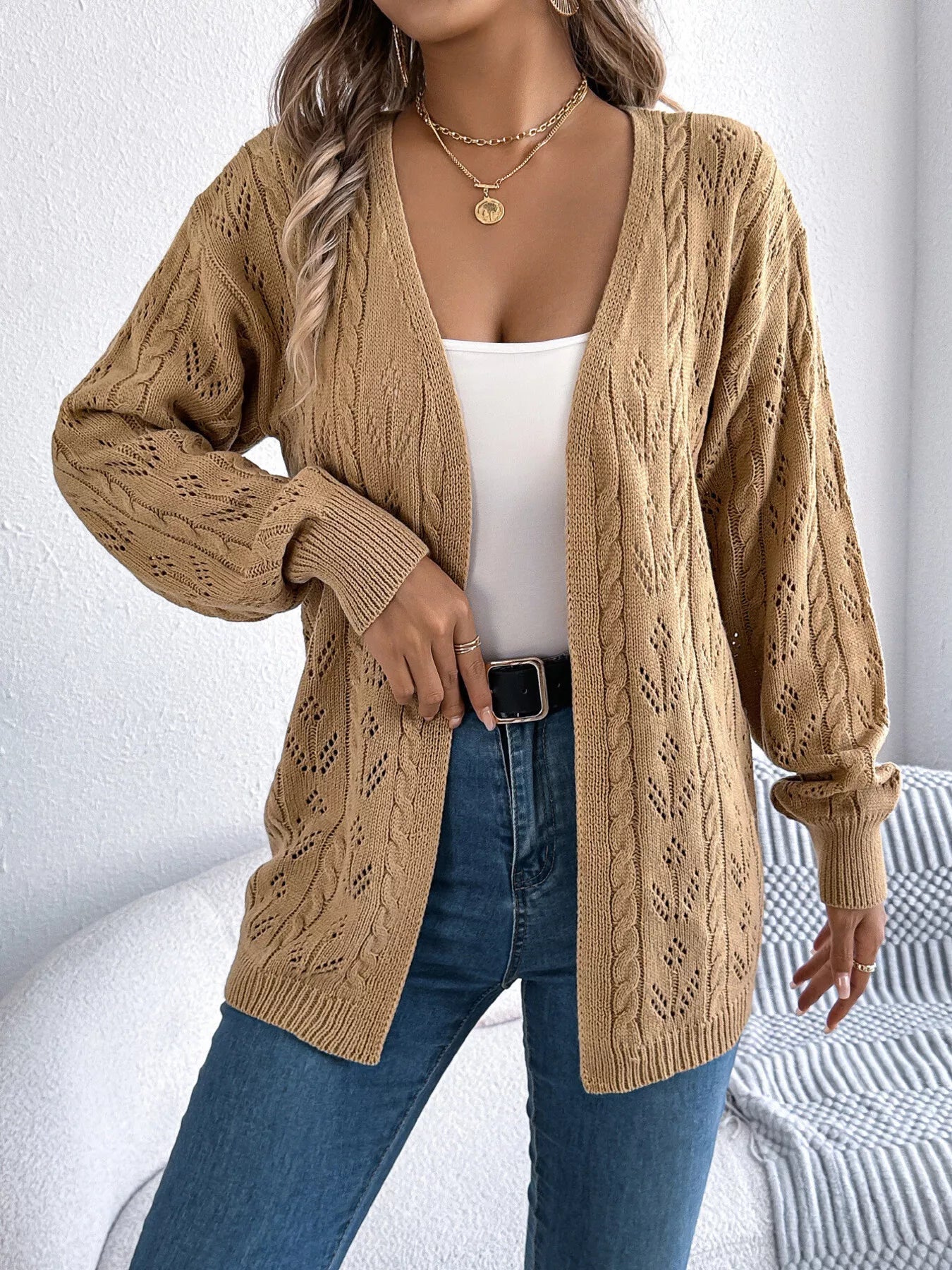 Openwork Open Front Long Sleeve Cardigan 