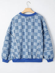 Checkerboard Splicing Raw Detail Oversized Denim Top 