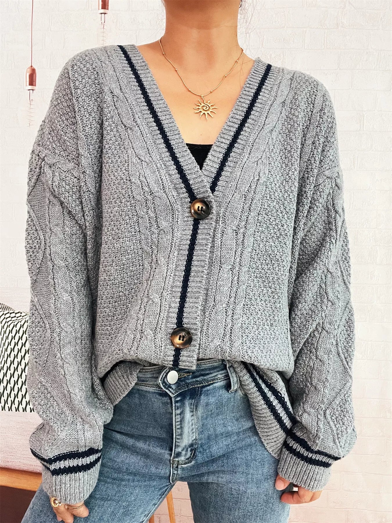 Star Pattern Button-Up Cardigan with Contrast Trim 