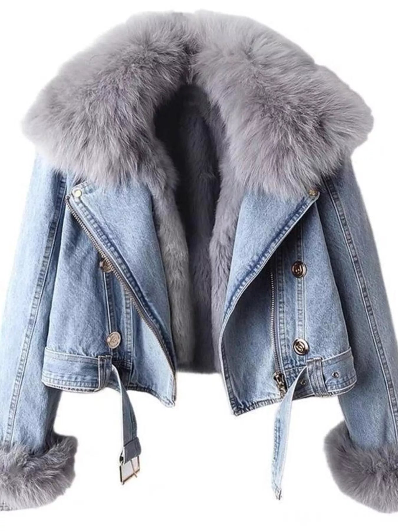 Full Size Faux Fur Collar Denim Jacket Plus Size 
