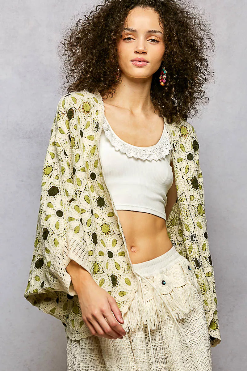 POL Open Front Floral Pattern Crochet Cardigan 