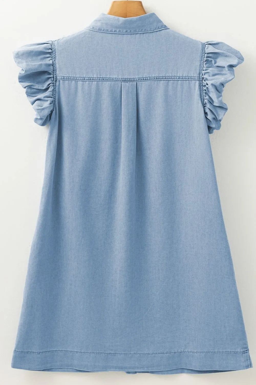 Smocked Collared Neck Cap Sleeve Denim Dress 