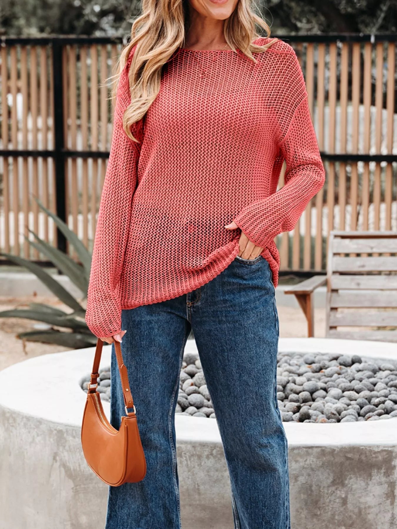 Crochet Hollow Out Long Sleeve Knit Top 