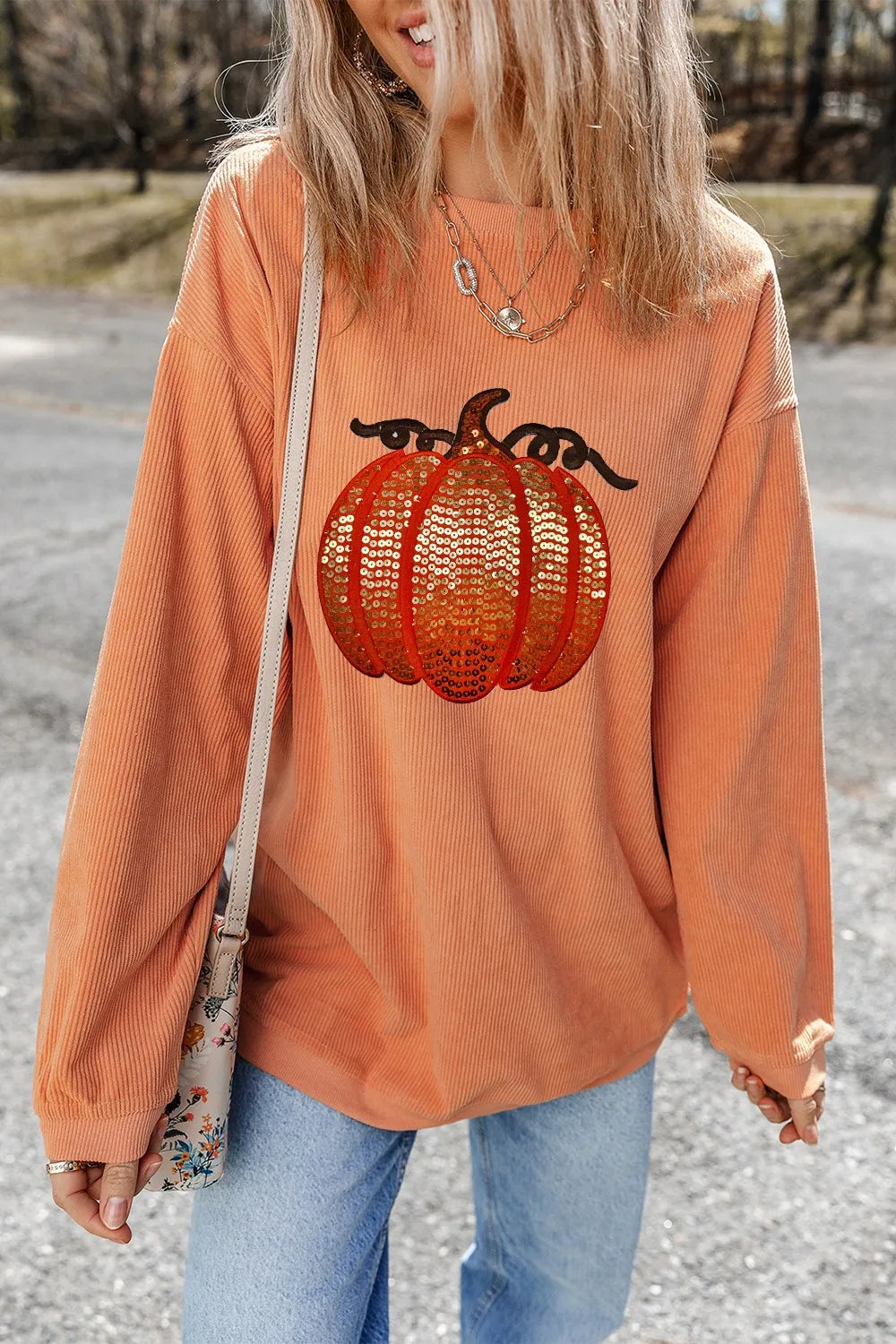Sequin Pumpkin Round Neck Long Sleeve Sweatshirt 