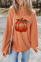 Sequin Pumpkin Round Neck Long Sleeve Sweatshirt 