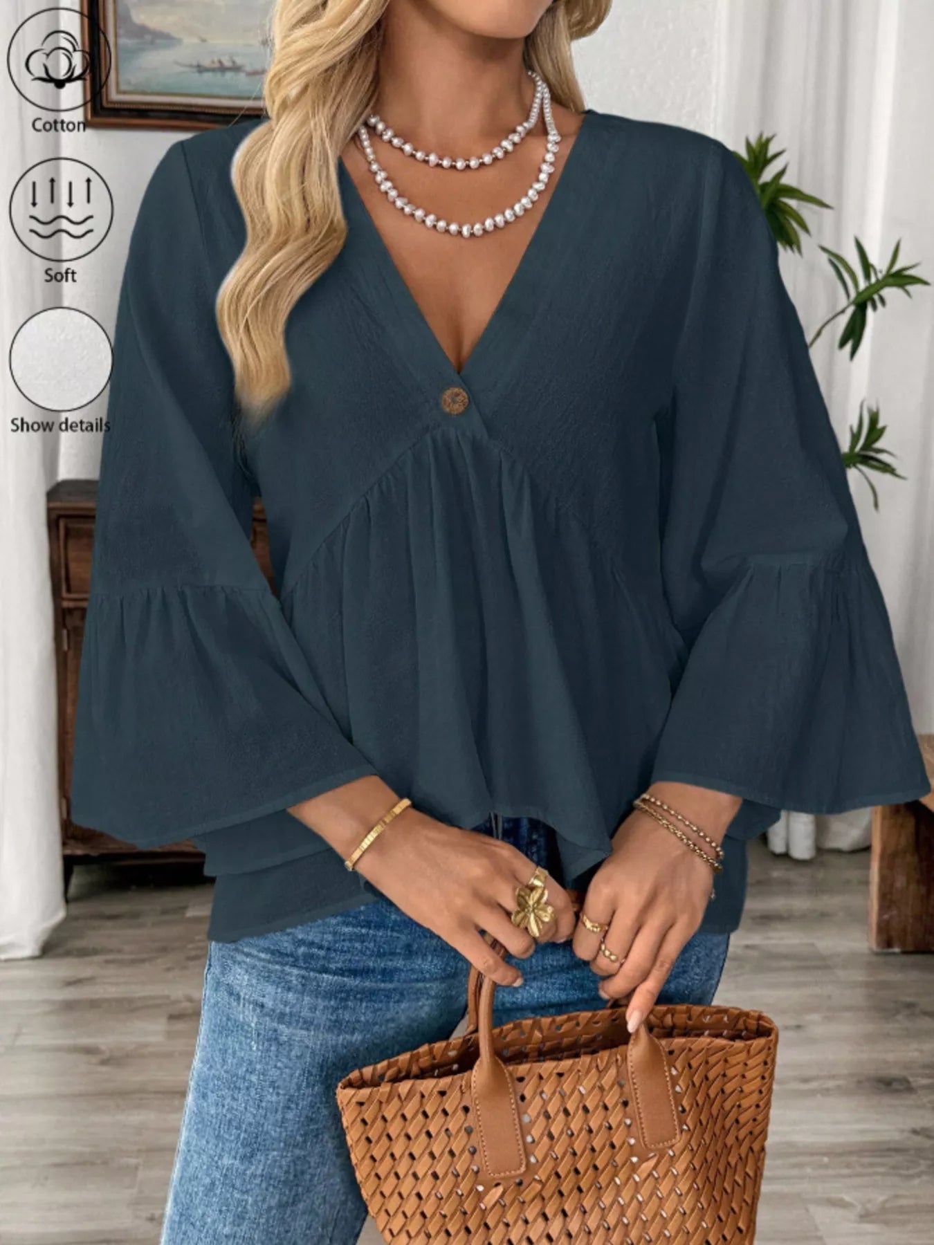V-Neck Bell Sleeve Blouse 