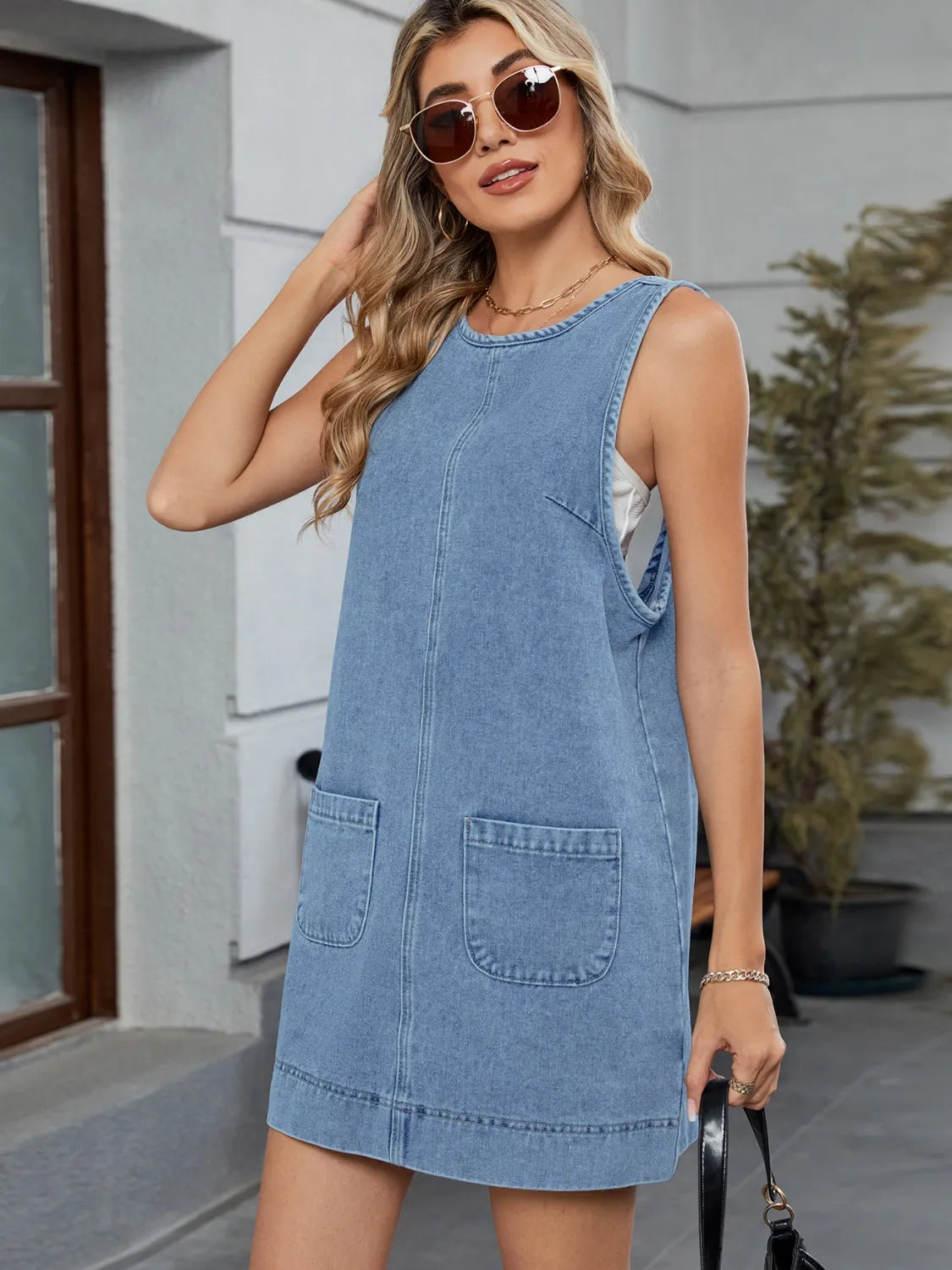 Round Neck Denim Overall Dress 
