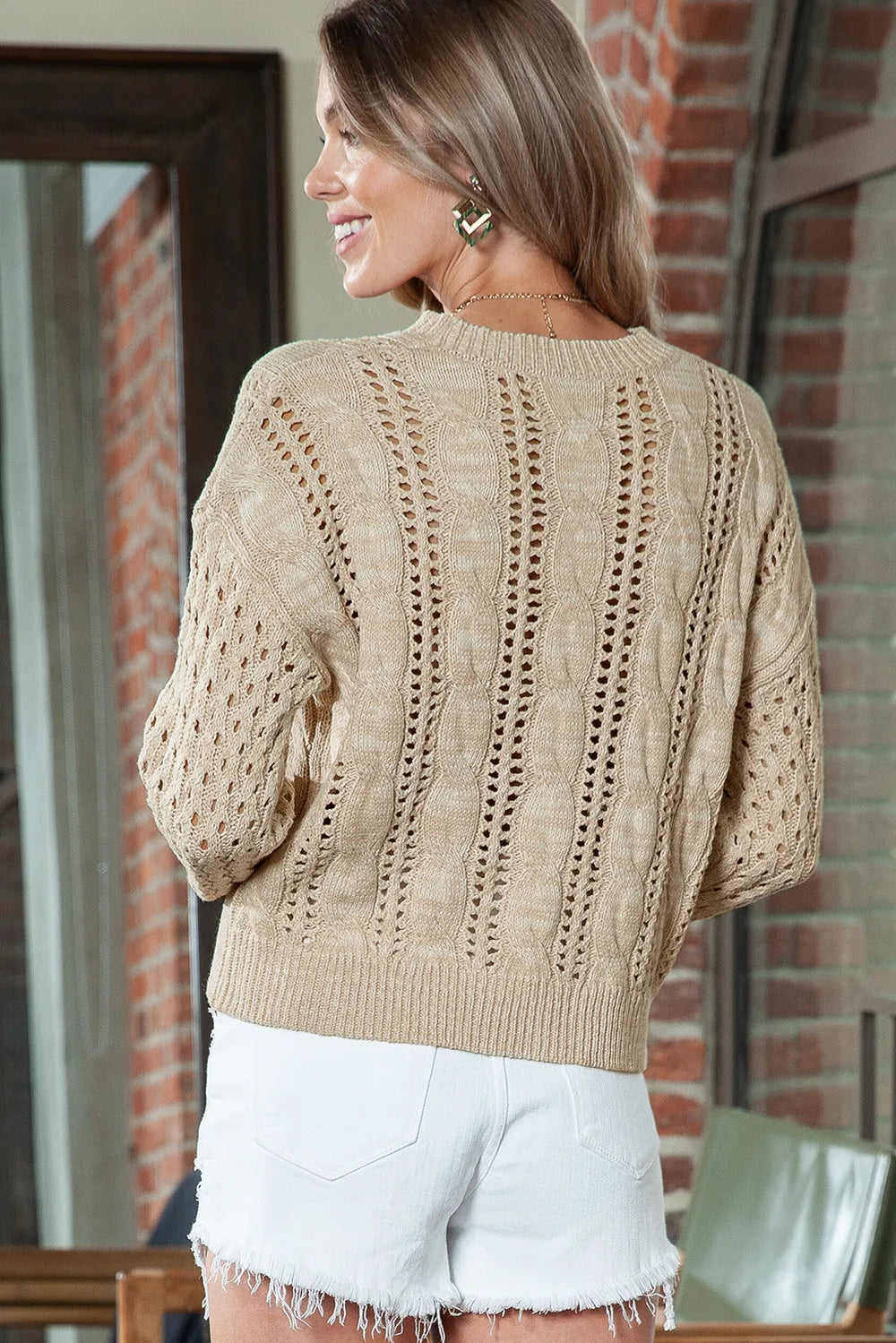Full Size Openwork Cable-Knit Round Neck Knit Top 