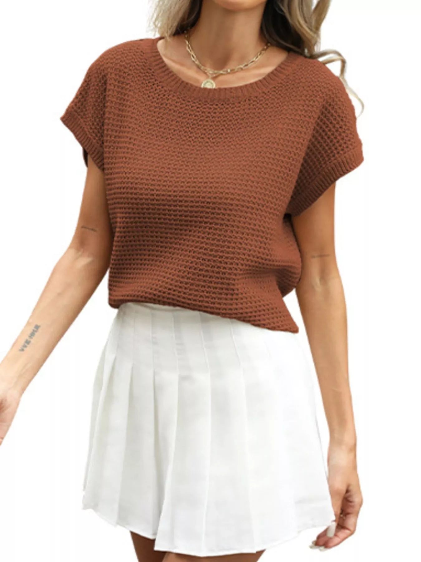 Round Neck Waffle Knit Top 