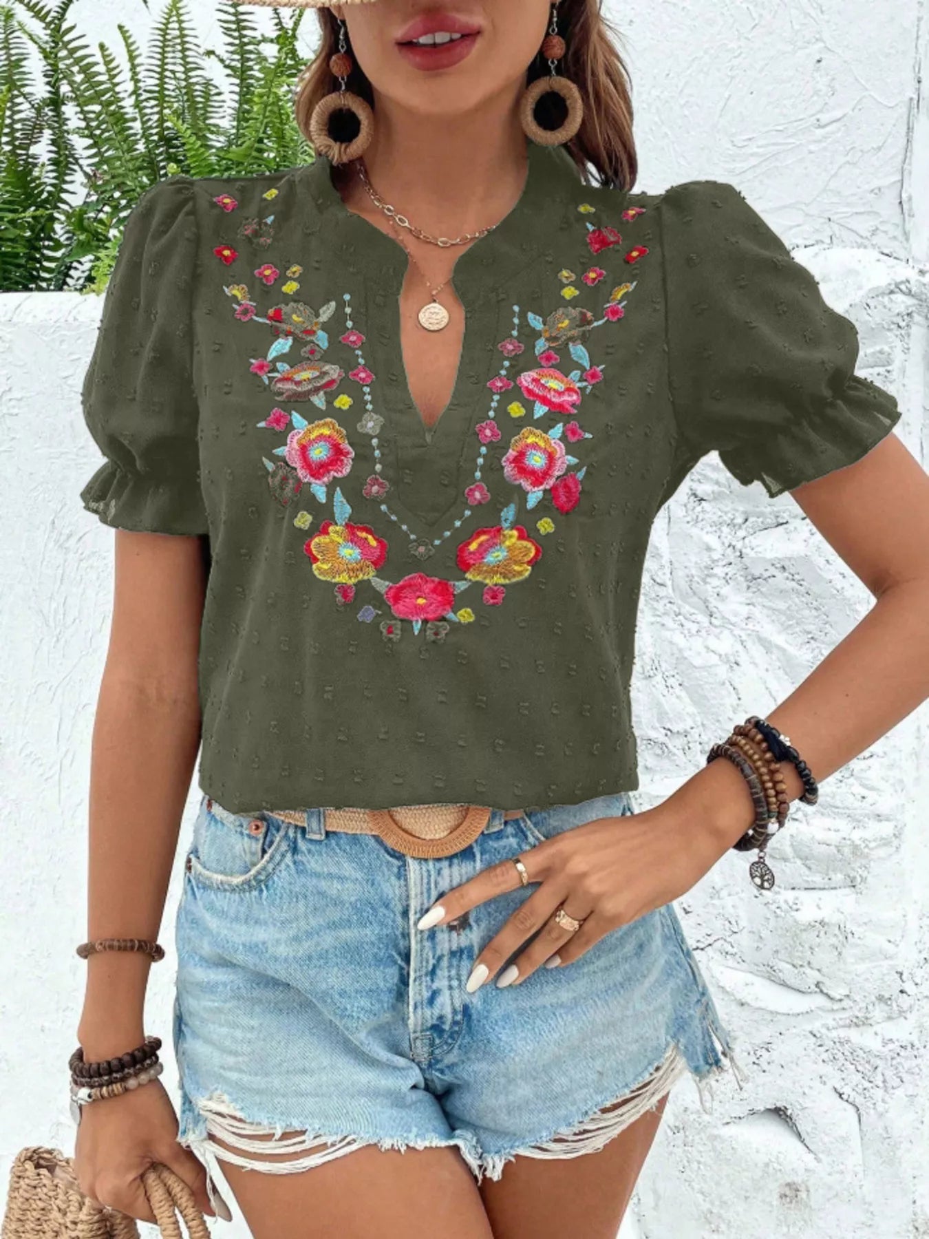 Floral Embroidered Puff Sleeve Blouse 