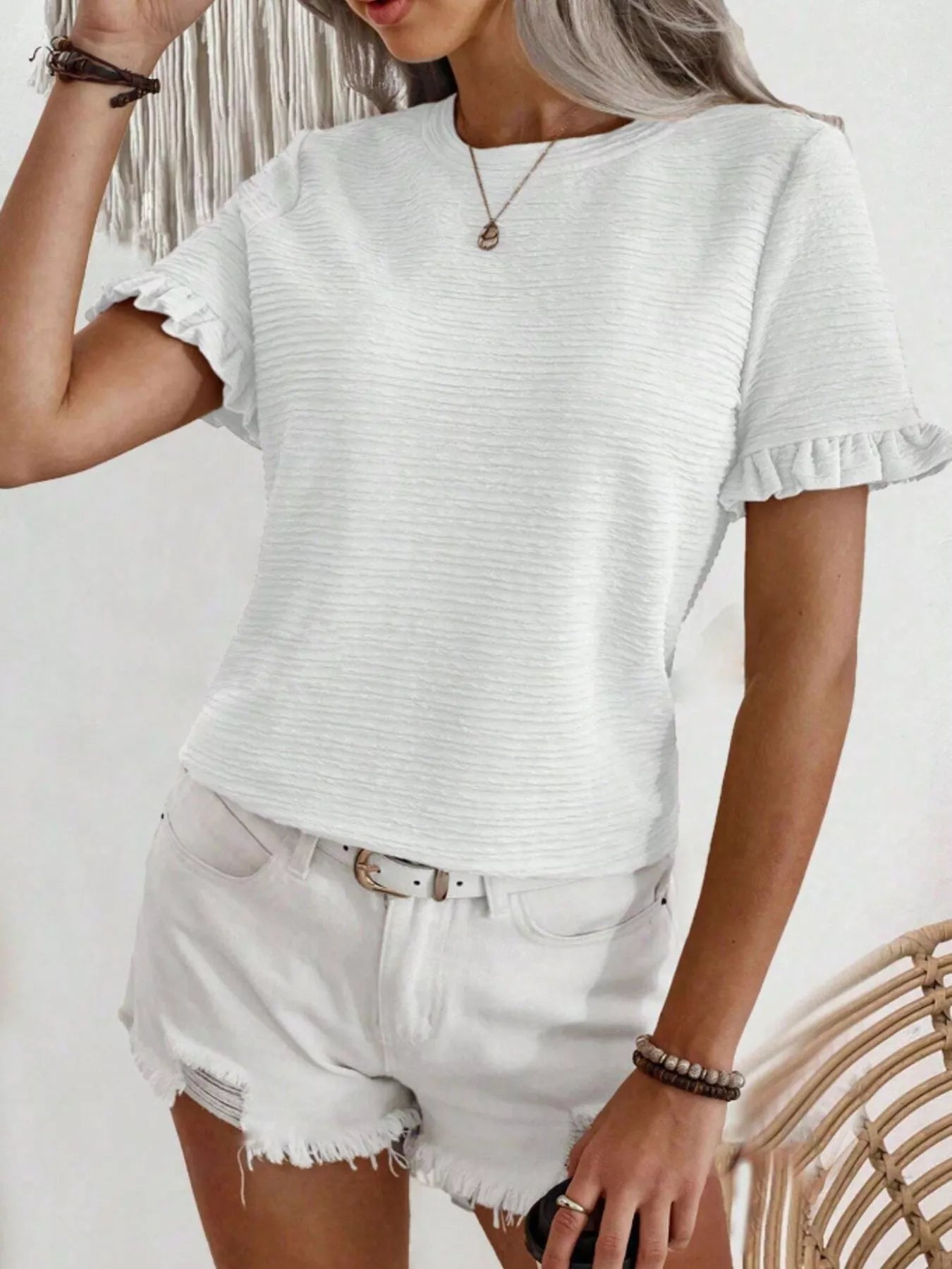 Textured Ruffle Sleeve Round Neck T-Shirt 