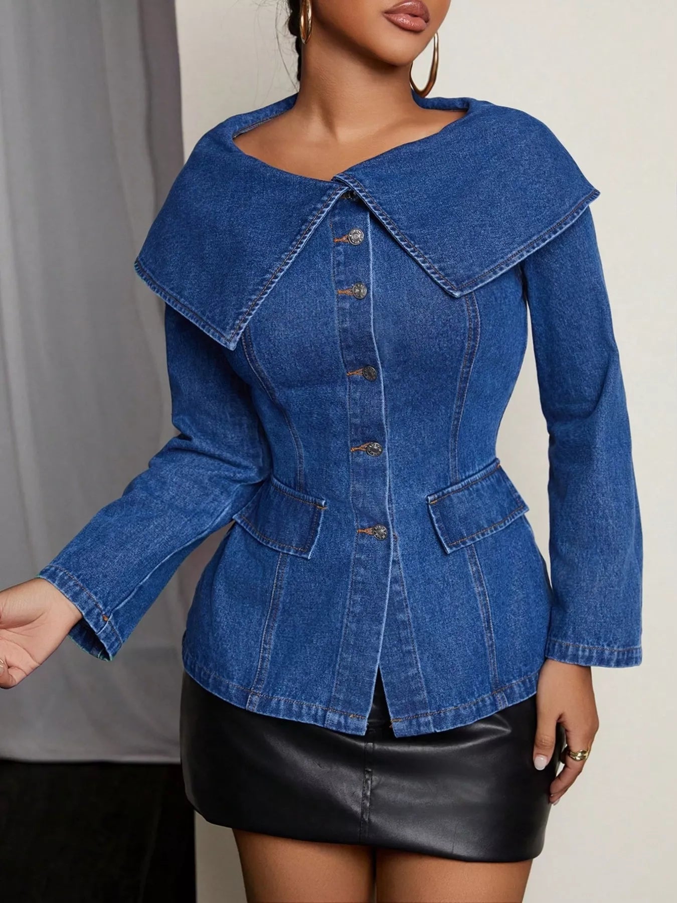 Button-Front Long Sleeve Denim Top 