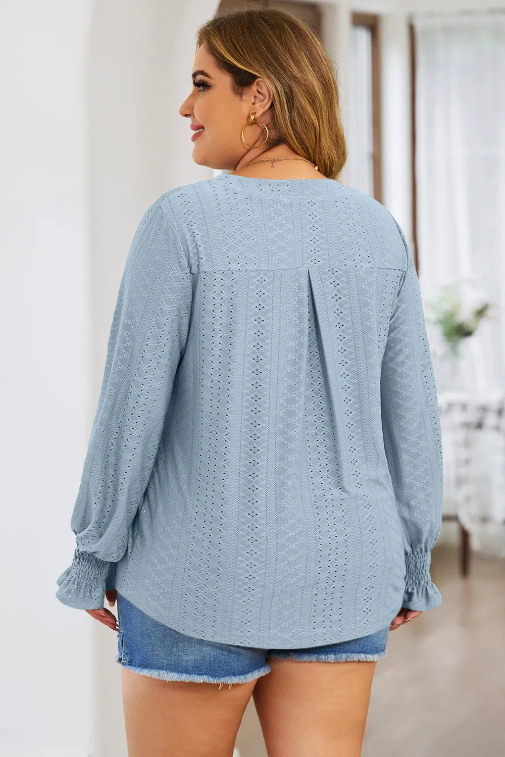 Plus Size Eyelet Notched Flounce Sleeve Blouse 