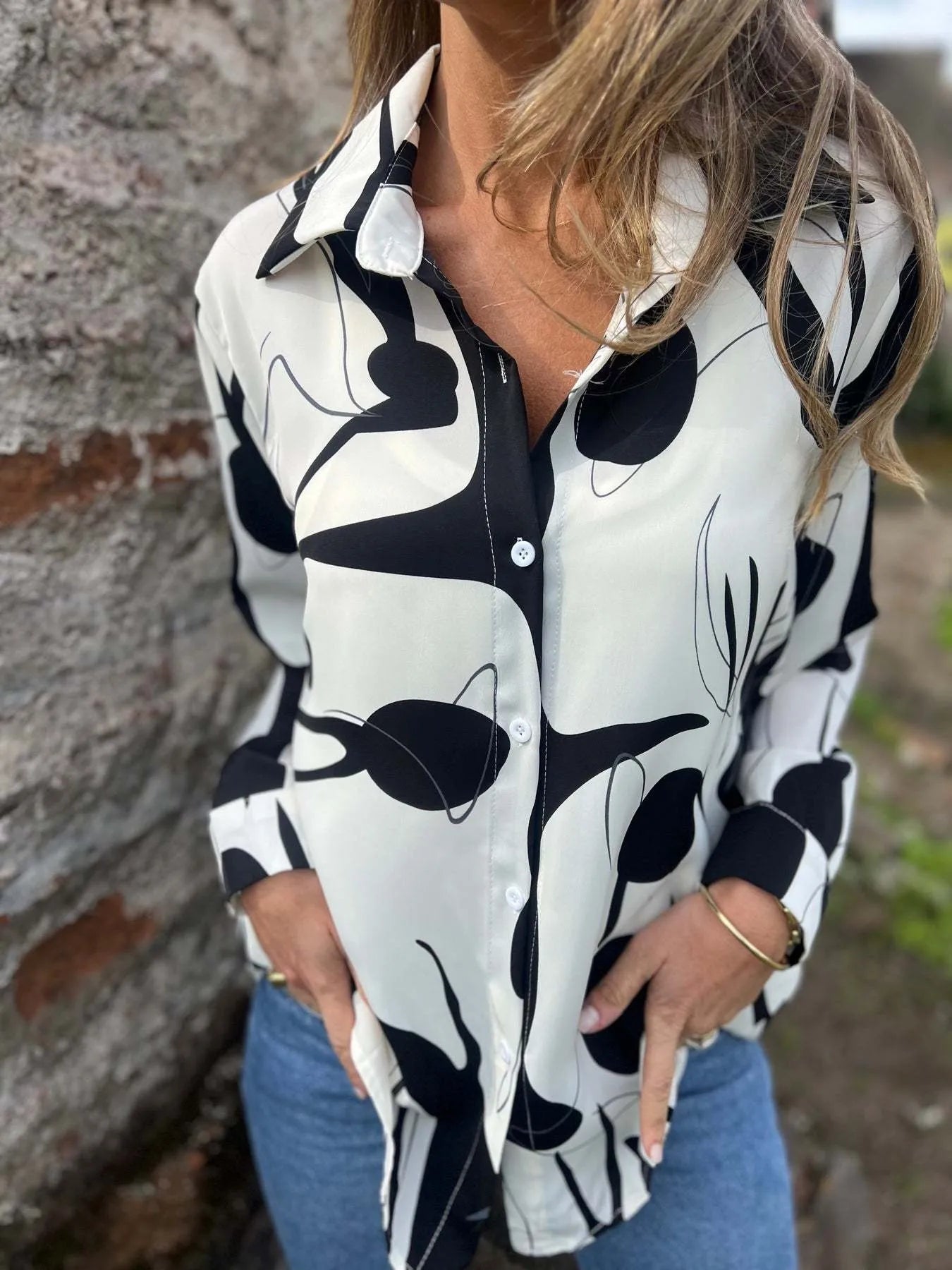 Full Size Abstract Print Long Sleeve Button-Up Shirt Plus Size 