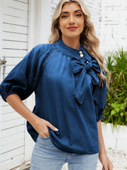 Denim Bow Tie Puff Sleeve Top 