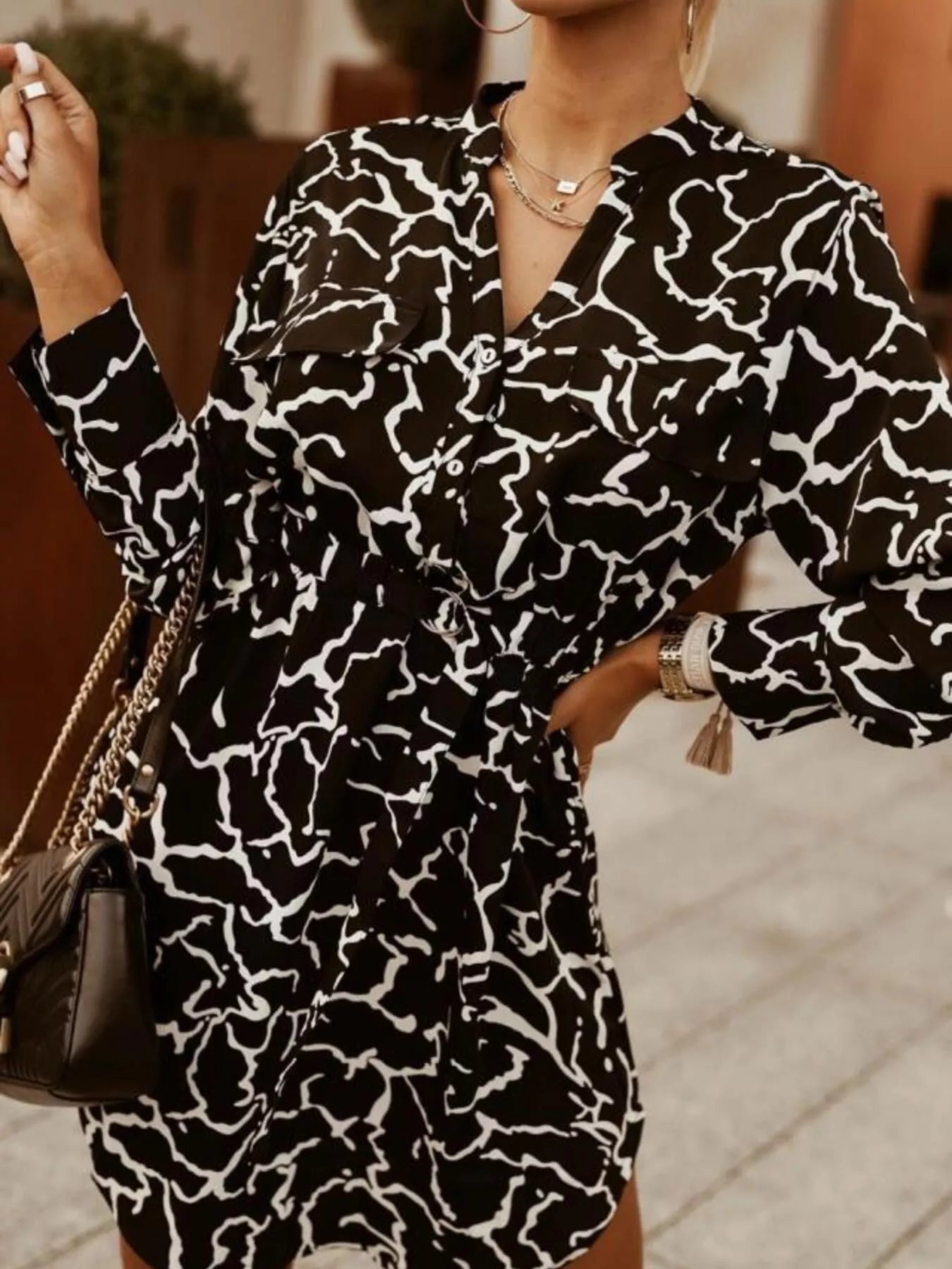 Printed Button Front Long Sleeve Dress 
