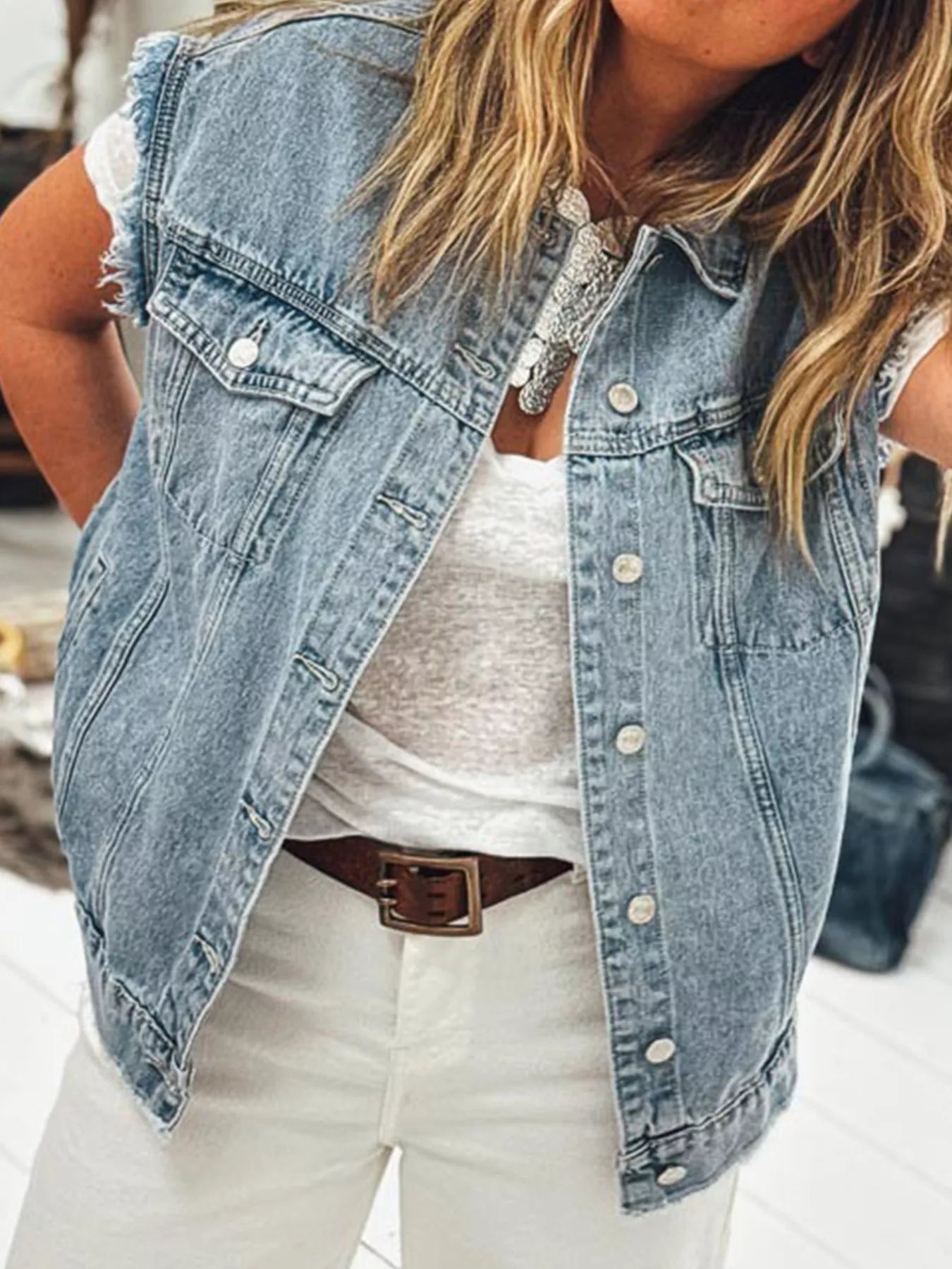 Button Flap Pocket Frayed Detail Denim Vest 