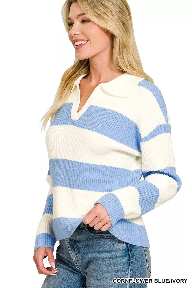 Zenana Striped Collared Sweater 