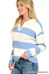 Zenana Striped Collared Sweater 