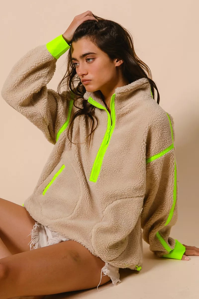 BiBi Contrast Edge Half Zip Up Sherpa Jacket 