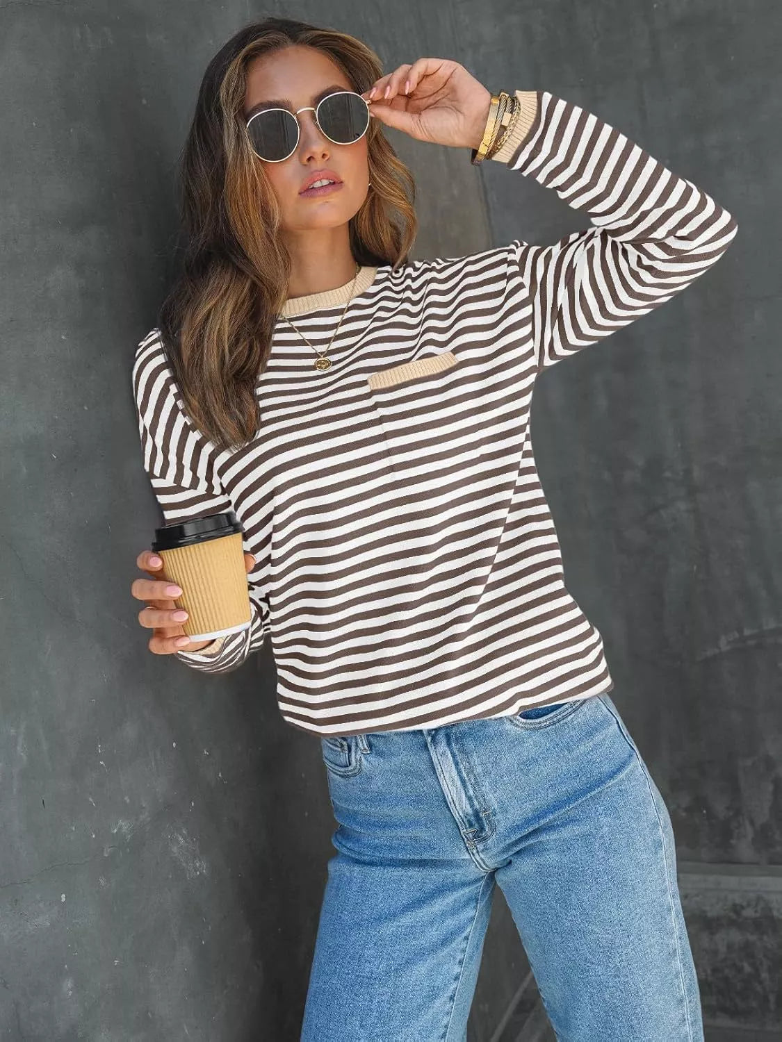 Striped Long Sleeve Sweater with Contrast Ribbed Trim 