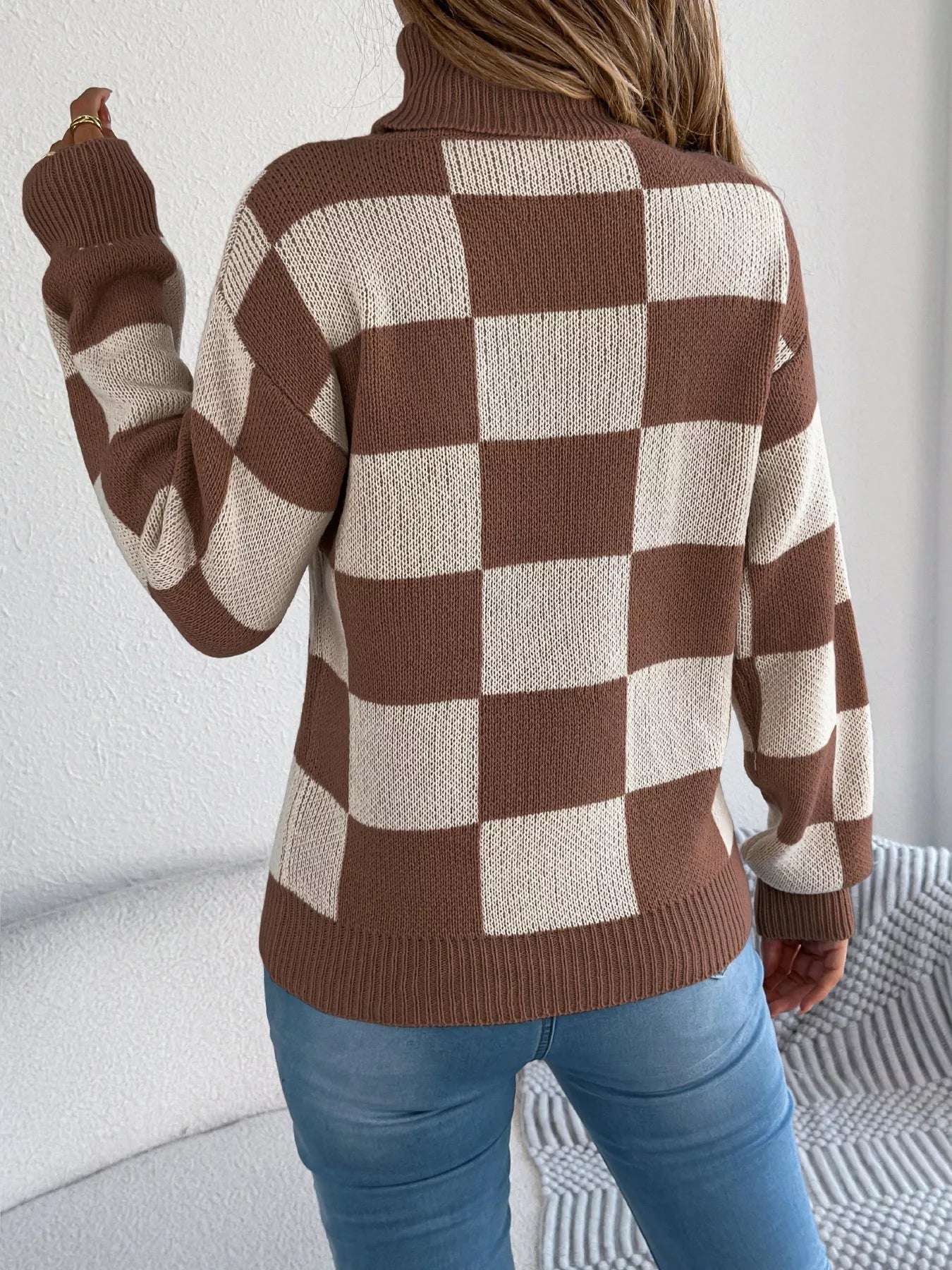Checkered Turtleneck Long Sleeve Sweater 