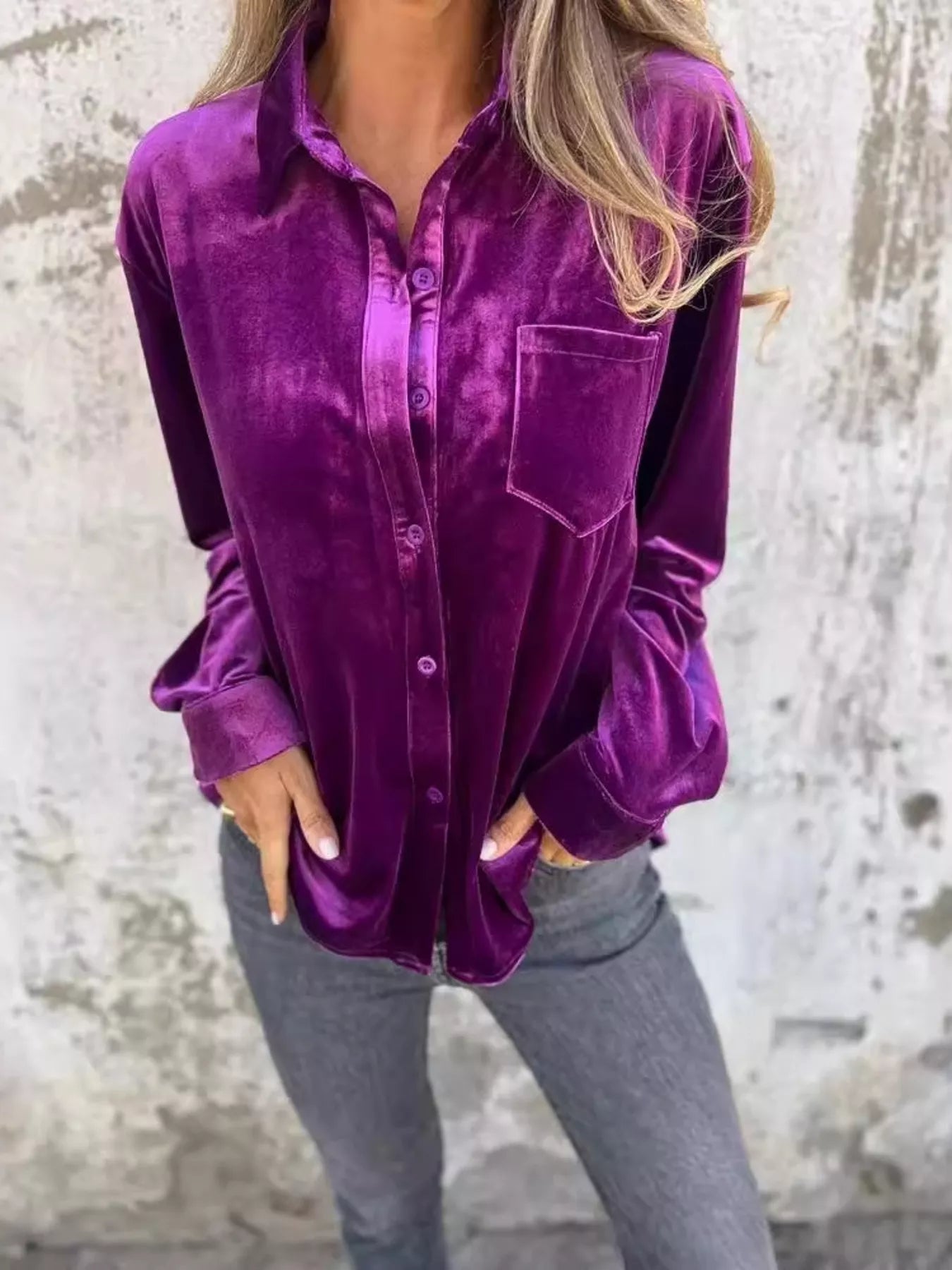 Full Size Velvet Button-Up Long Sleeve Shirt Plus Size 